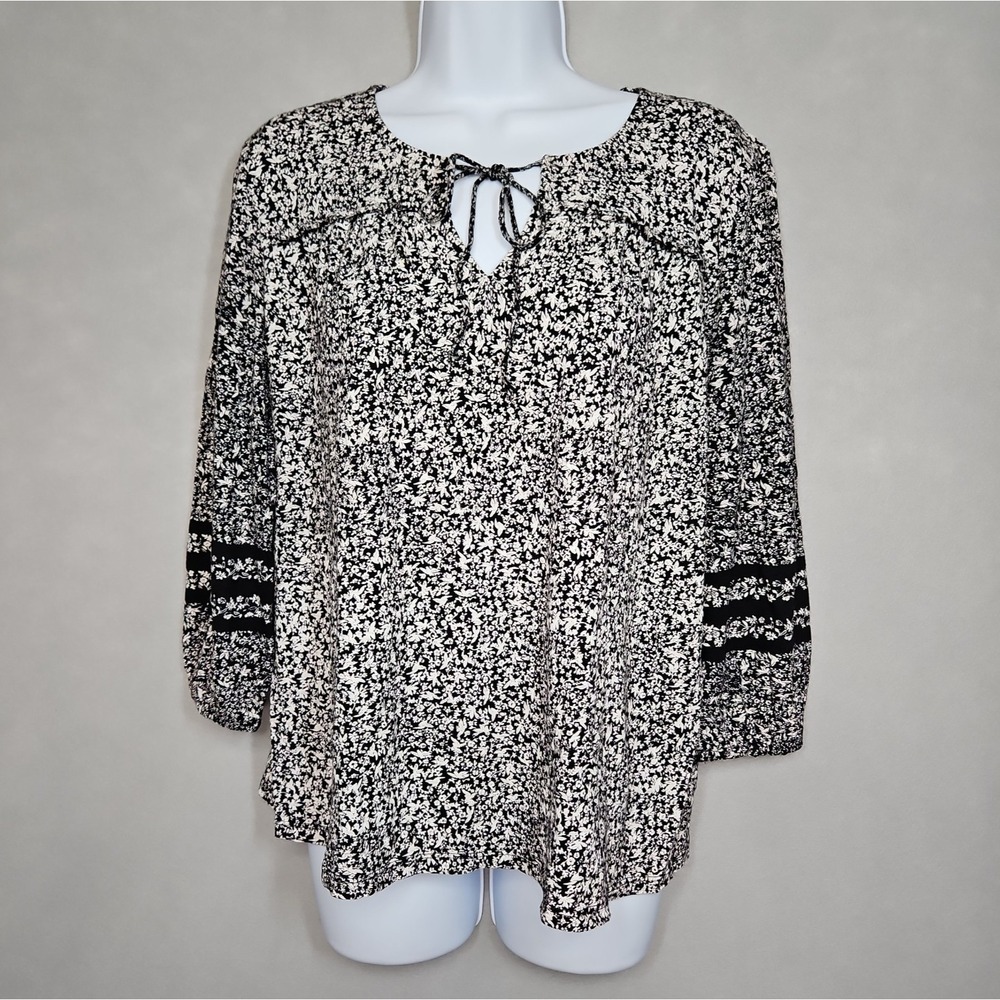 Lucky Brand Womens Black White Floral Boho 3/4 Sleeve Blouse Size Small